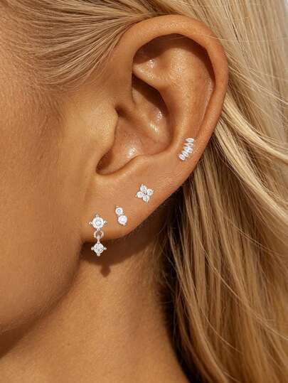4PCS Stainless Steel Geometry Floral & Plants Earrings Set For Women Fashion Simple Cartilage Tragus Piercing Ear Stud Jewelry Gift