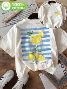 Sommartoppar [Dubbelsidigt tryck] Damtoppar, Sommarkläder för kvinnor, Fräsch stil, Citron- och mintgrönt randigt mönster, Ren bomull med rund hals och kortärmad t-shirt [LongK] Bomulls-T-shirt, Sommar-T-shirt - Vitt - Visa 8
