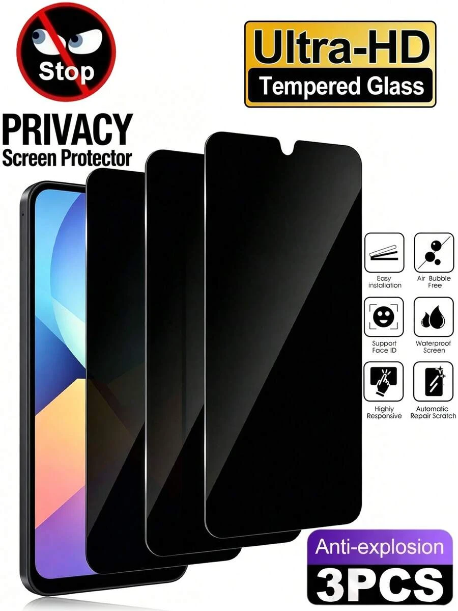 3 piezas Película protectora de vidrio templado de 9H de dureza, a prueba de explosiones, resistente a los arañazos y anti espionaje, compatible con Samsung Galaxy S26 Ultra S25 S24 S23 FE S22 A57 A56 A55 A36 A37 A35 A34 A33 A32 A17 A07 A06 A16 A26 4G 5G. Protección de privacidad para oficina y transporte público. Libre de burbujas, adsorción automática, fácil de instalar. [Versión internacional, no versión local] No es compatible con el reconocimiento de huellas dactilares
