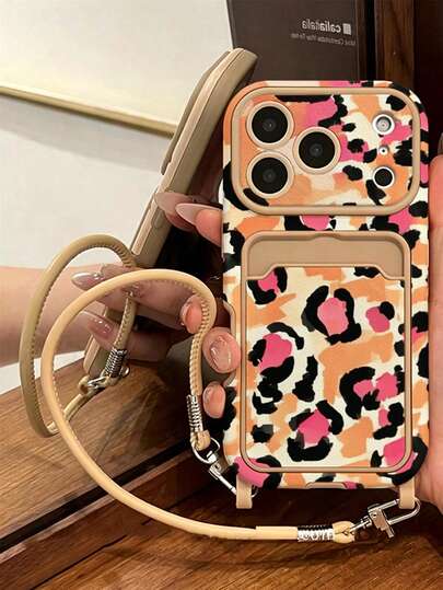 Funda de teléfono con cobertura completa, estampado de leopardo vintage, soporte para tarjetas y cordón, compatible con series 11/12/13/14/15/16/17 Pro/Pro Max, protección antirrayas y antihuellas