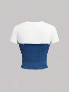 Blusa ajustada de manga corta de mezclilla con parches, estilo casual para mujer - Azul lavado medio - Ver 2