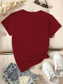 1 Pieza de Camiseta Blanca Casual de Moda para Hombres y Mujeres, con Estampado Floral y de Mariposas, Cuello Redondo, Versátil para el Verano, Fácil de Combinar, para Uso Diario, Estilo Urbano, Ropa de Vacaciones, Ropa de Fin de Semana. - Burdeos - Ver 2