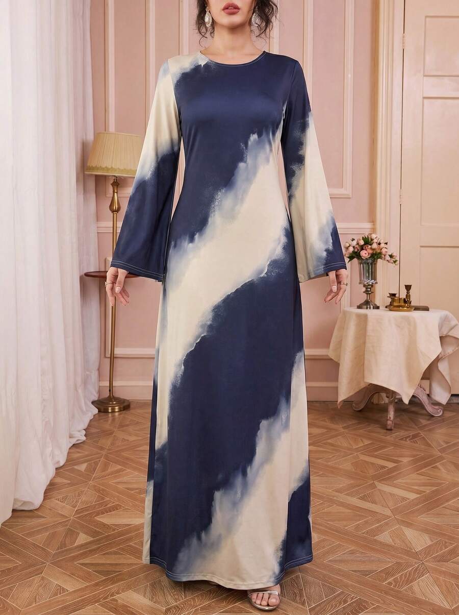 Solessence Women's Simple Knit Long Sleeve Round Neck Mid-Length Arabian Dress, With Eye-Catching Wavy Print Flare Sleeves And Medium Elasticity Eid Spring - Navy Blue - View 1
