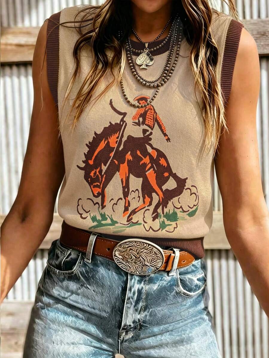 VEXHEIMA 女款西式時尚優雅百搭拼色動物紋螺紋圓領無袖針織上衣 夏季 - 彩色 - 查看 1