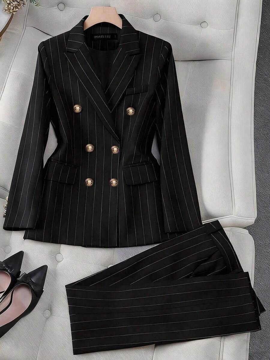 Conjunto de traje a rayas, chaqueta de traje casual de doble botonadura y pantalones de corte slim, estilo versátil adecuado para diversas ocasiones, negocios y vacaciones en primavera blanca - Negro - Ver 1
