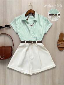 Conjunto de 2 piezas para mujer con bloqueo de color, cuello a rayas, cintura plisada y mangas cortas - Verde - Ver 3