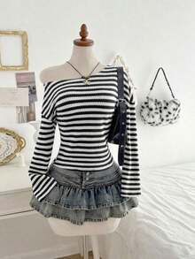 Top de manga larga asimétrico de hombro suelto con rayas de jacquard de punto de colores, moda casual y cómoda para uso diario, otoño/invierno - Negro - Ver 9