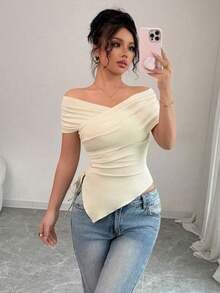 Camiseta de manga corta casual y sin hombros para mujer, de verano - Albaricoque 2 - Ver 3
