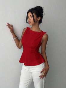 sin mangas elegante para ir a la oficina, diseño minimalista, casual de negocios para mujer, ropa de oficina, salir, para maestras, blusa casual para mujer, blusa social para mujer - Rojo - Ver 8