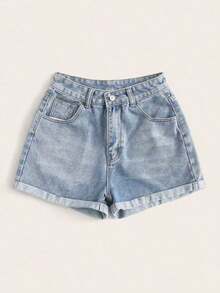 Pantalones cortos vaqueros de cintura alta enrollados para el verano - Celeste - Ver 3