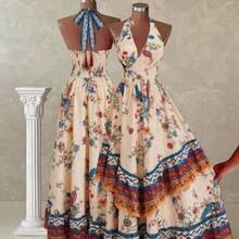 Vestido largo lindo retro elegante con estampado floral y cuello en V de talla grande para mujer - Multicolor - Ver 1