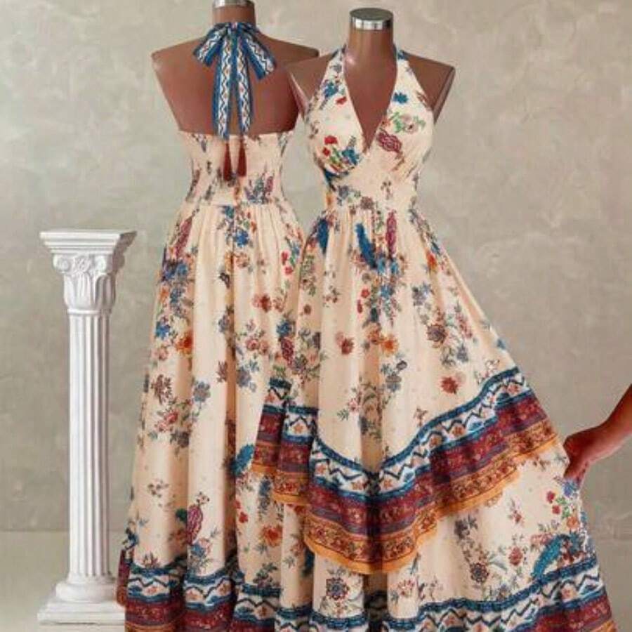 Vestido largo lindo retro elegante con estampado floral y cuello en V de talla grande para mujer - Multicolor - Ver 1