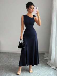Nuevo vestido casual y elegante para mujer con cuello asimétrico, decoración metálica y cintura fruncida para vacaciones - azul real - Ver 7