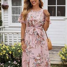 Women's Floral Print Ruffle Sleeve Waist Dress - Azul - Ver 5
