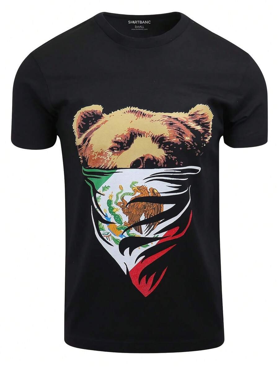 ShirtBANC California Bear And Mexican Flag Print T-Shirt - Retro Black California Bandana Design Tee, Soft And Breathable Fabric, Regular Fit, Unisex For Men And Women - Machine Washable, Casual Everyday Wear, Gift, Weekend Outfit, Bold Print, Durable Construction, Printed T-Shirt, For Fashion Enthusiasts - 黑色 - 查看 1