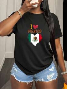 Women's Casual Polyester T-Shirt With Round Neck And Heart Design With Mexican Flag, Comfortable Short Sleeve T-Shirt For Daily Wear And Travel, Lightweight And Durable For Young Ladies - 黑色 - 查看 8