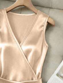 Vestido ajustado con cuello en V sin mangas, cintura fruncida e irregular, vestido de satén para mujer, vestido de primavera/verano para mujer, vestido elegante de fiesta para mujer, atuendo de vacaciones para mujer, atuendo del Día de San - Albaricoque - Ver 5
