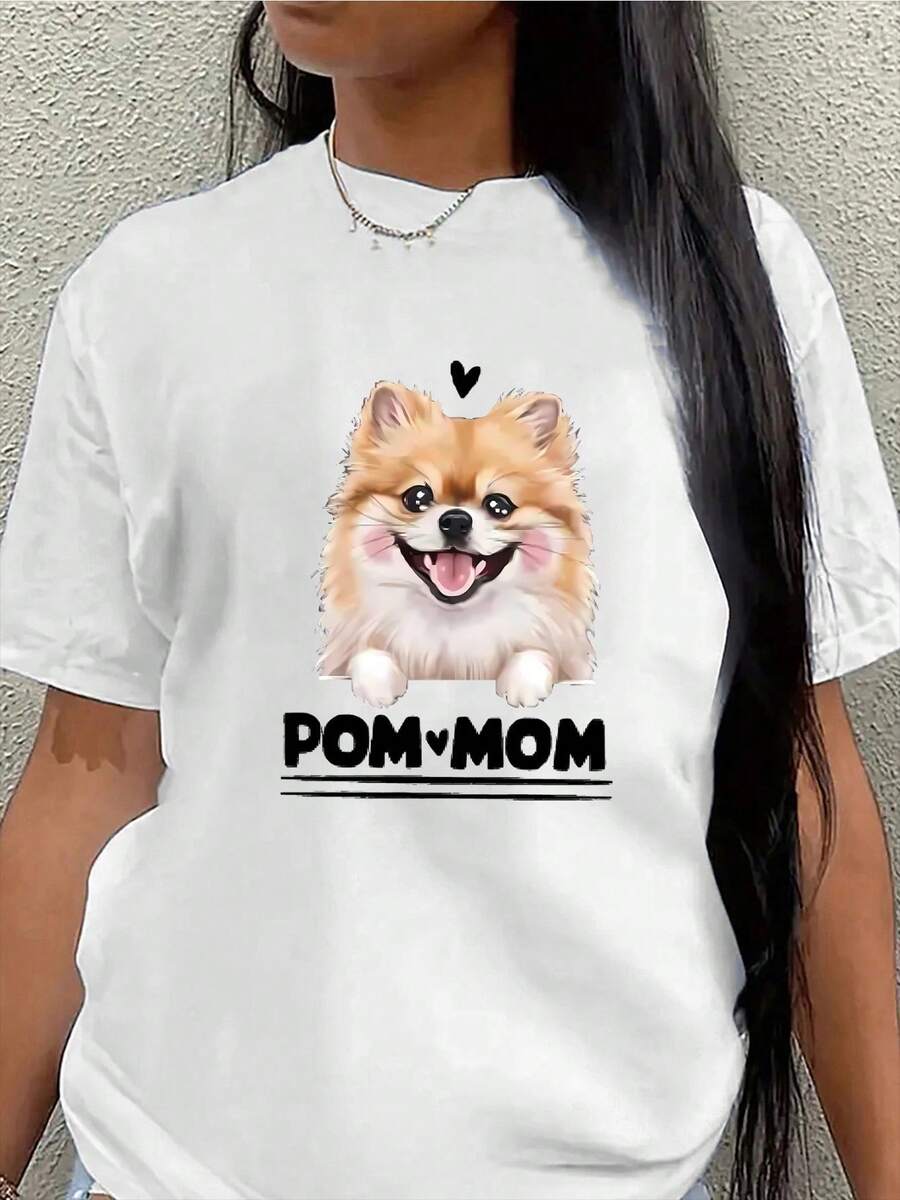 Camiseta de manga corta de poliéster con diseño de perro pomerano lindo, impresión POM MOM, ligera y duradera, perfecta para el uso casual en casa o al aire libre