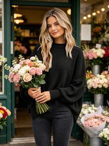 Women's Ribbed Knit Sweater With Long Sleeves And Crew Neck - Winter - Black - View 4