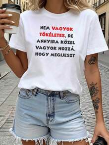 Húngara imperfección tema impreso cuello de la tripulación de la mujer camiseta, confidente texto decoración de manga corta informal, confidente diario de uso superior - Blanco - Ver 2