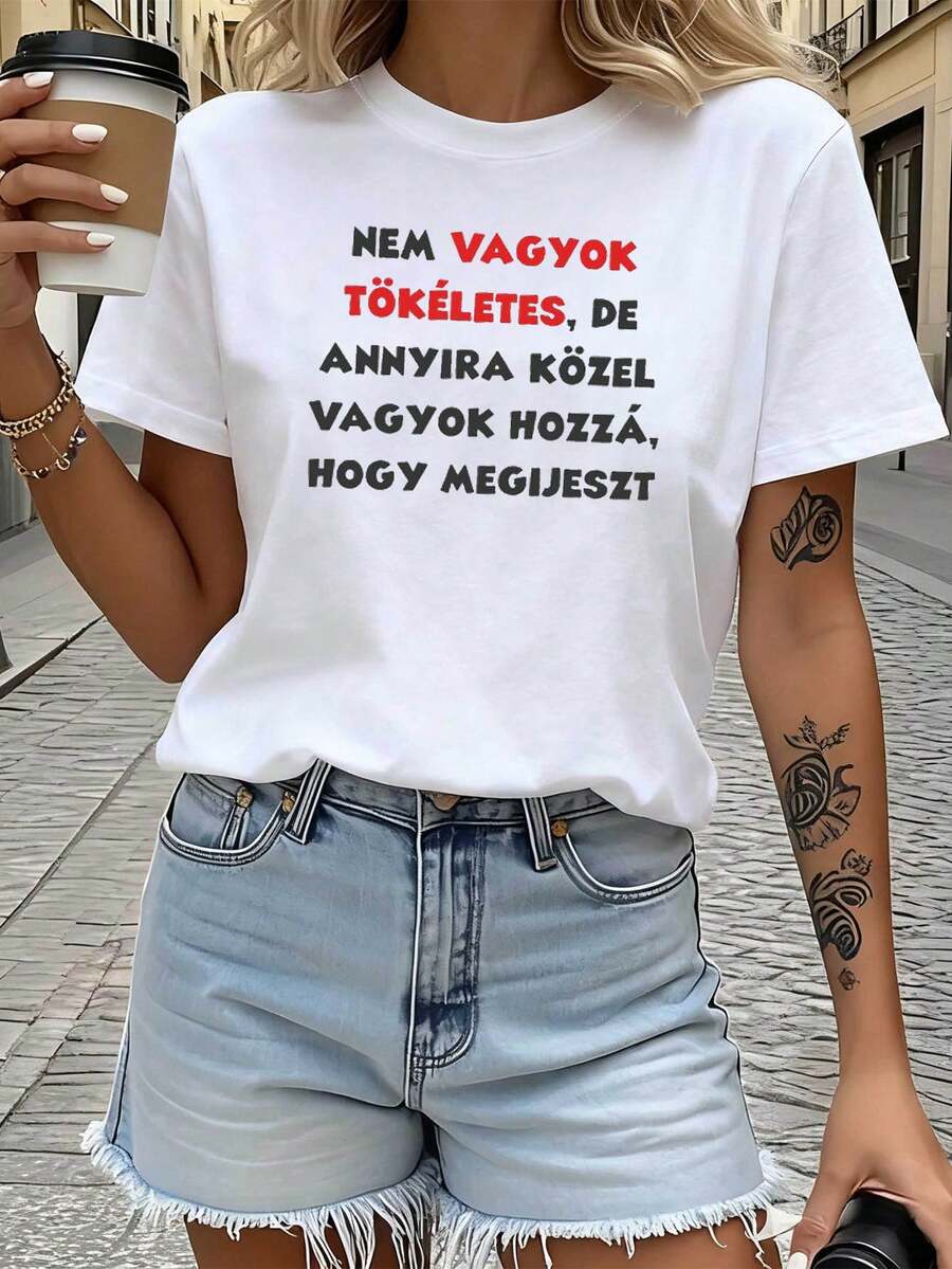 Húngara imperfección tema impreso cuello de la tripulación de la mujer camiseta, confidente texto decoración de manga corta informal, confidente diario de uso superior