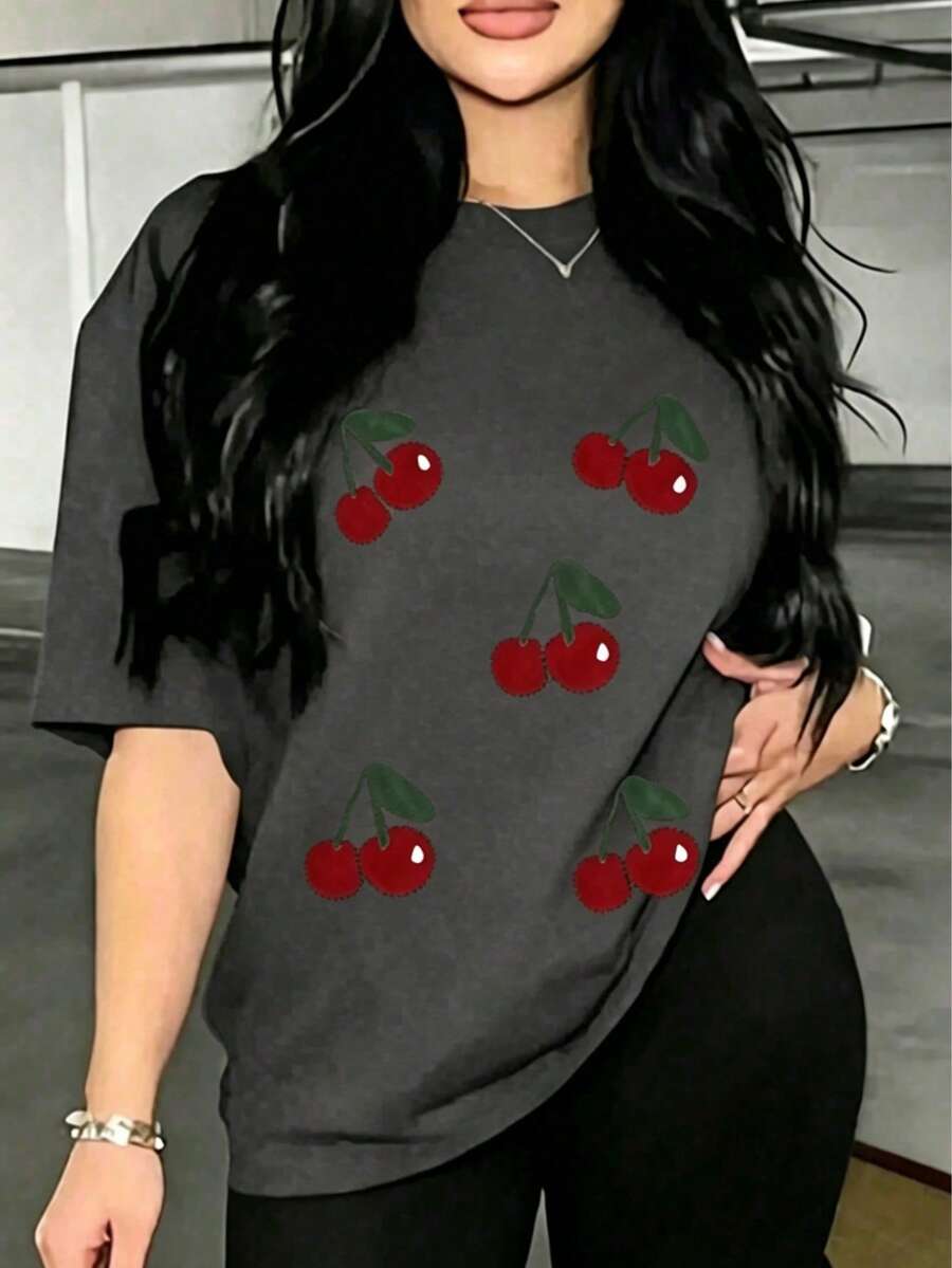 Short-Sleeved T-Shirt For Spring/Summer 2026, Made In Mexico, 180 Grams. Cartoon Print, Couple Design, Suitable For Indoor Or Outdoor Wear. Crew Neck, Unisex, Ideal For Office And Leisure. One-Pack. - 深灰色 - 查看 1