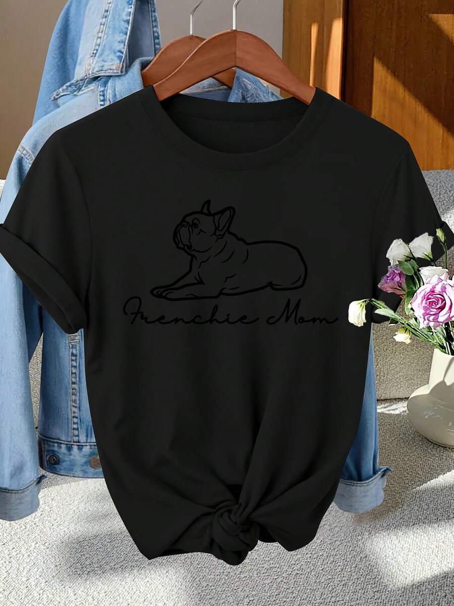 Casual y elegante negro de las mujeres "perro guardián" impresión de la carta cuello redondo camiseta para la primavera / verano, de moda desplazamiento, vacaciones y diario versátil estilo vintage camiseta, disponible en múltiples colores S-XXL