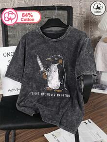 Áo thun nữ size lớn cotton nguyên chất cổ tròn giặt acid, phong cách đơn giản hàng ngày, in họa tiết chim cánh cụt cầm dao, phong cách mùa hè casual màu đen - màu đen - Xem 1
