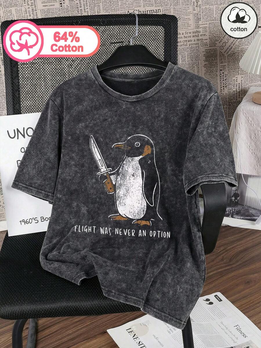 Áo thun nữ size lớn cotton nguyên chất cổ tròn giặt acid, phong cách đơn giản hàng ngày, in họa tiết chim cánh cụt cầm dao, phong cách mùa hè casual màu đen - màu đen - Xem 1
