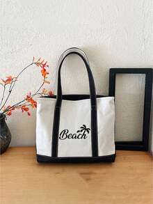 1pc Women's Canvas Shoulder Bag With "Beach" And Coconut Tree Print, Spring/Summer Style, Large Capacity, Suitable For School, Work Or Casual Use, Includes Cosmetic Bag And Pink Hair Clip, Suitable For White-Collar Women And Students, Multi-Compartment Design, Suitable For Beach, School, Work And Daily Use - Multicolor - View 4