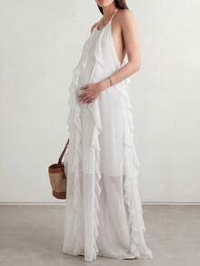 Bump Style Maternity Dress, Elegant Casual Daily Commute Vacation Minimalist Sexy Backless White Dress, Birthday Party Dress, Vintage Style Dress, Bodycon Dress, Solid Color Round Neck Sleeveless Waist-Cinching Mid-Length/Long Dress, Bohemian Style - White - View 4