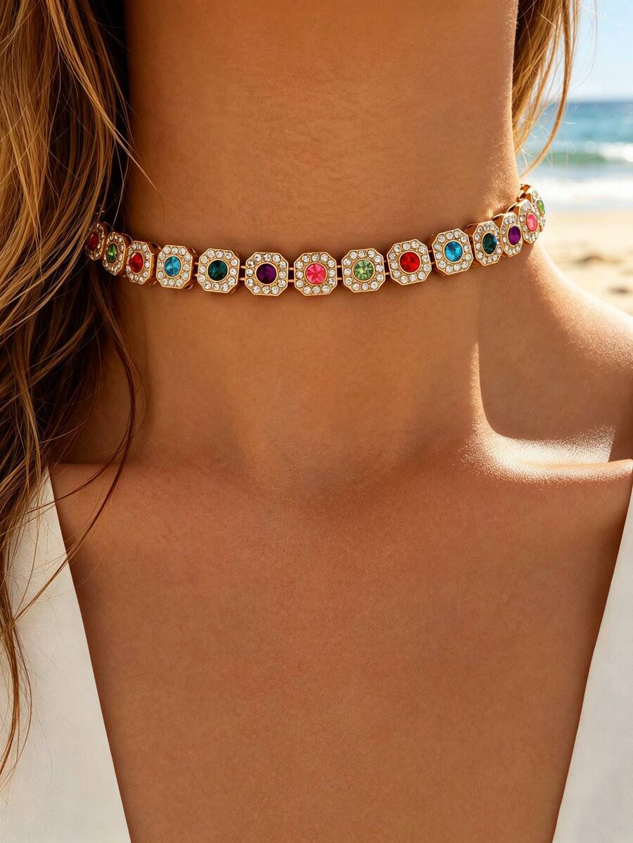 1 pieza Collar de mujer de lujo con incrustaciones de cristal de color dorado, diseño de cristal cuadrado de arcoíris, cadena elegante para la clavícula para uso diario, fiesta, boda, vacaciones - Multicolor - Ver 1