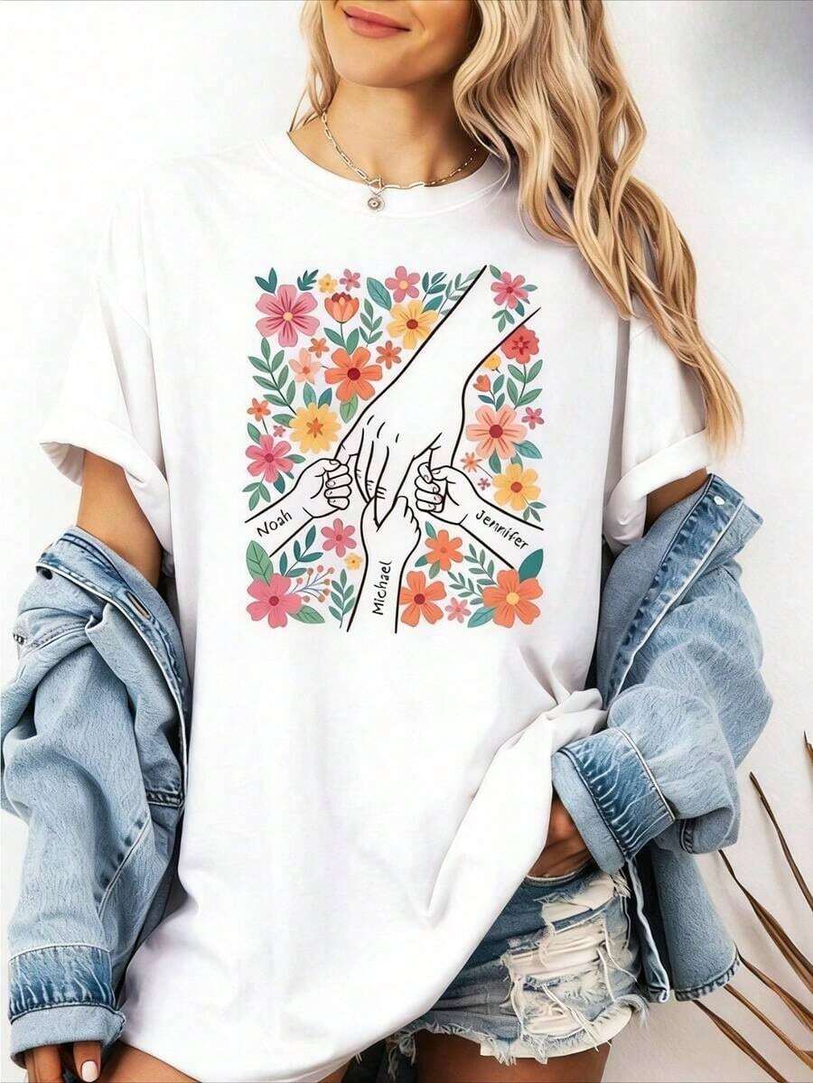 1 Personalized T-Shirt For Mom With Floral Design, 100% Cotton, Personalized T-Shirt For Mom With Children's Names, T-Shirt For Mom With Children's Names, T-Shirt For Mother's Day, Mother's Day Gift - Sizes S-2XL, Breathable And Comfortable. - 白色 3 - 查看 1