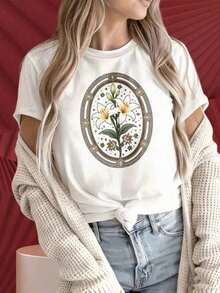 T-Shirt With A White Lily Flower Design, Oval Frame Adorned With Stars And Gems, Casual Top For Women,  Graphic Tee. The Fun Prints Are Suitable For Family Gatherings. - 白色 - 查看 6