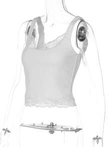 Blusa Sin Mangas Color Liso con Bordes de Encaje para Chicas - Blanco - Ver 8