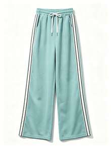 Pantalones largos con cordón y rayas laterales para mujer - Celeste - Ver 4