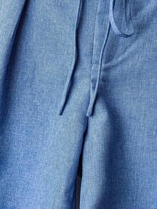 Pantalones anchos de tela con cintura anudada, de estilo casual azul y blanco, para primavera/verano - Azul 2 - Ver 6
