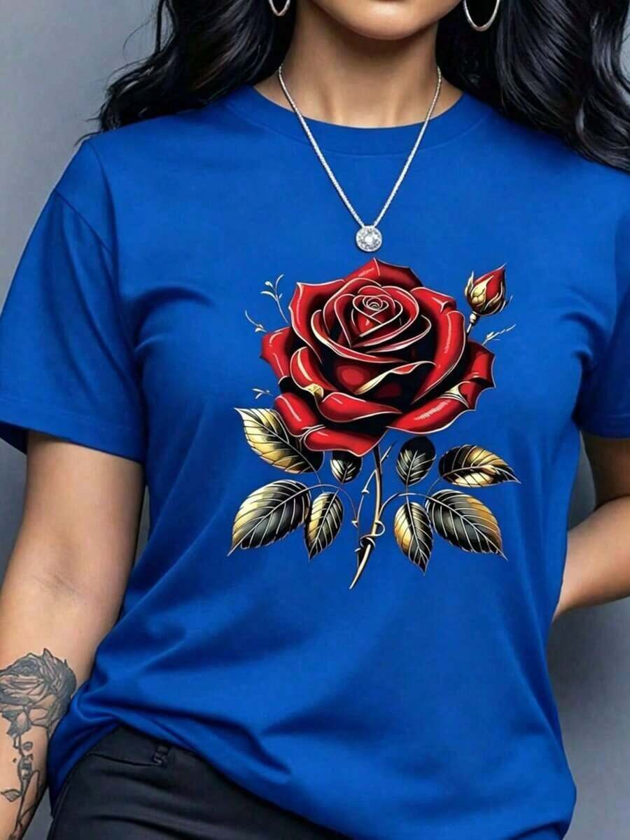 Camiseta informal de manga corta con cuello redondo y estampado de flores rosas, informal para el verano - Estilo Vintage Urbano Unisex, de algodón, corte holgado.-Vintage Street Style Unisexoose Cotton Short Sleeve Crew Neck T-Shirt - Azul - Ver 1
