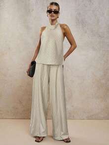 Conjunto de dos piezas elegante de rayas para vacaciones de mujer, primavera/verano - Caqui - Ver 4