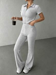 KKONE Two-Piece Set: Plain Color Crop Top And Bell Leg Pants - Light Grey - View 3