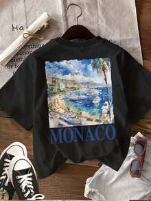 Double-Sided Printed Summer Casual Women's Top, Watercolor Style, Hunting And Palms, MONACO Print Crew Neck Short Sleeve T-Shirt, Ling K Summer Tops - Black - View 2
