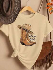 Envío gratis, entrega local enéxico, entrega en 4 días.Camiseta de manga corta con estampado de botas de vaquero y sombrero, cuello redondo casual, estampado Let's go girls para mujer. - Albaricoque - Ver 5