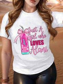 Camiseta blanca con estampado gráfico casual de verano para mujer que dice una chica que la bebida energética Alani-Vintage Street Style Unisex Loose Cotton Short Sleeve Crew Neck-Shirt - Blanco - Ver 1