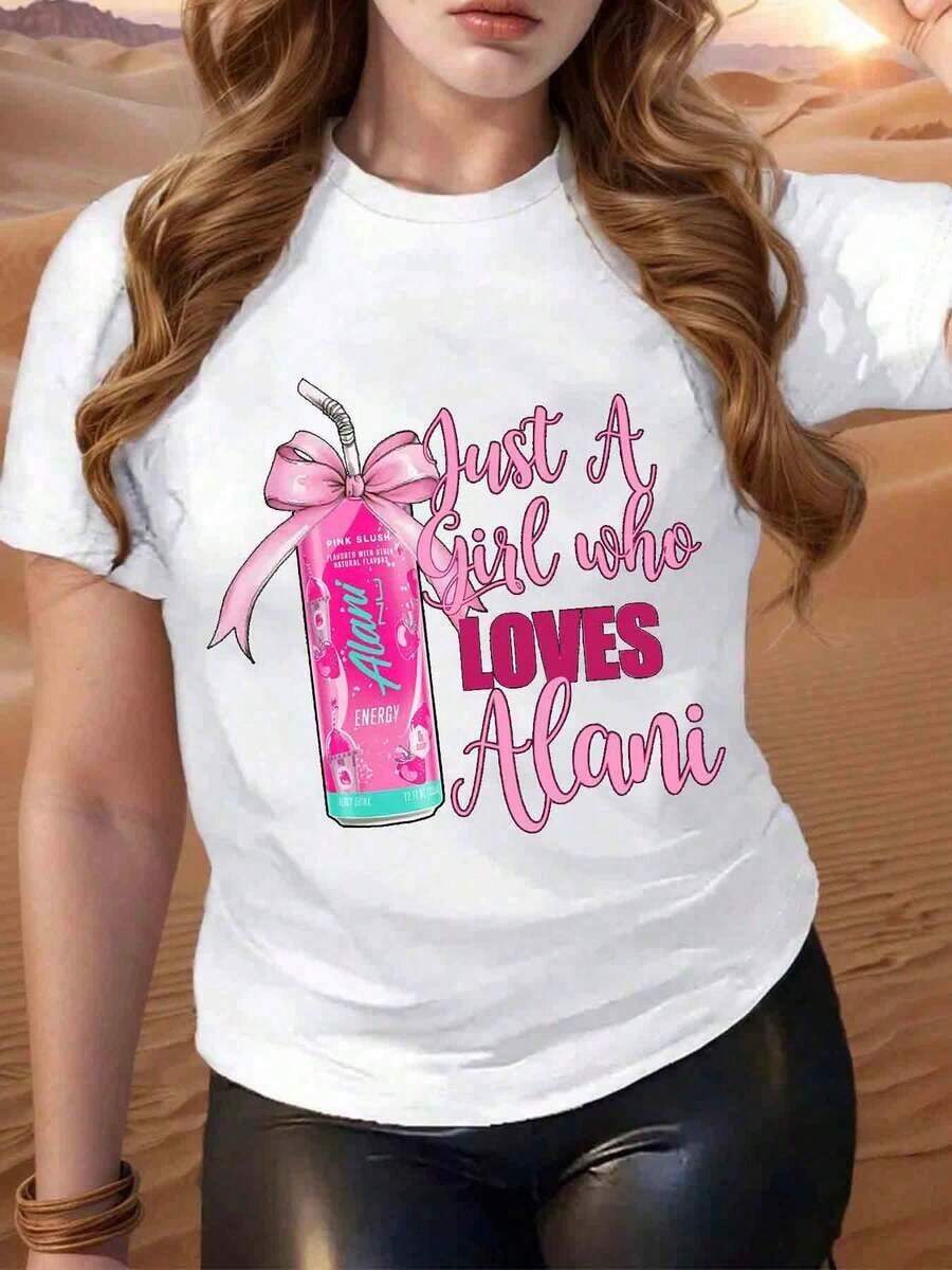 Camiseta blanca con estampado gráfico casual de verano para mujer que dice una chica que la bebida energética Alani-Vintage Street Style Unisex Loose Cotton Short Sleeve Crew Neck-Shirt - Blanco - Ver 1