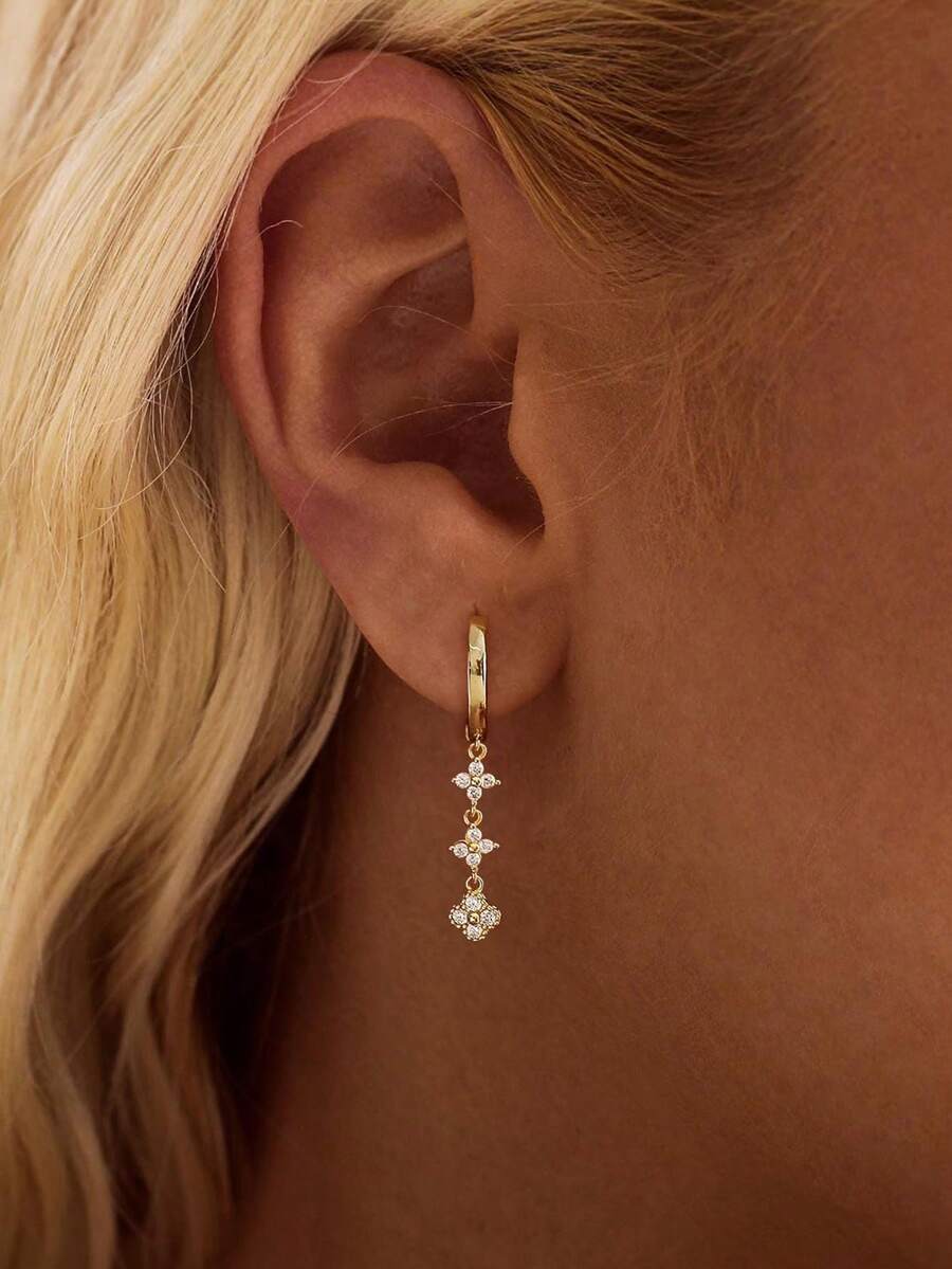 Bông tai mặt dây chuyền hình cỏ bốn lá mạ vàng 14K, kiểu dáng dài thanh lịch dành cho nữ, trang sức cô dâu dự tiệc.