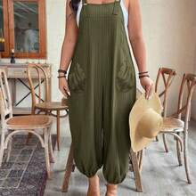 Plus Size Women's Elegant Striped Pocket Jumpsuit, Suitable For Work And Commute, Spring/Summer - Azul Marino - Ver 6