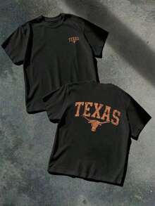 1 Texas Longhorn Graphic Print T-Shirt, Casual, Double Print, 100% Cotton, Festival Wear - Urban Vintage Style, Unisex, Loose Fit, Short Sleeve, Crew Neck, Blouses For Women. Blouses.Casual Blouses For Ladies. - 黑色 - 查看 1