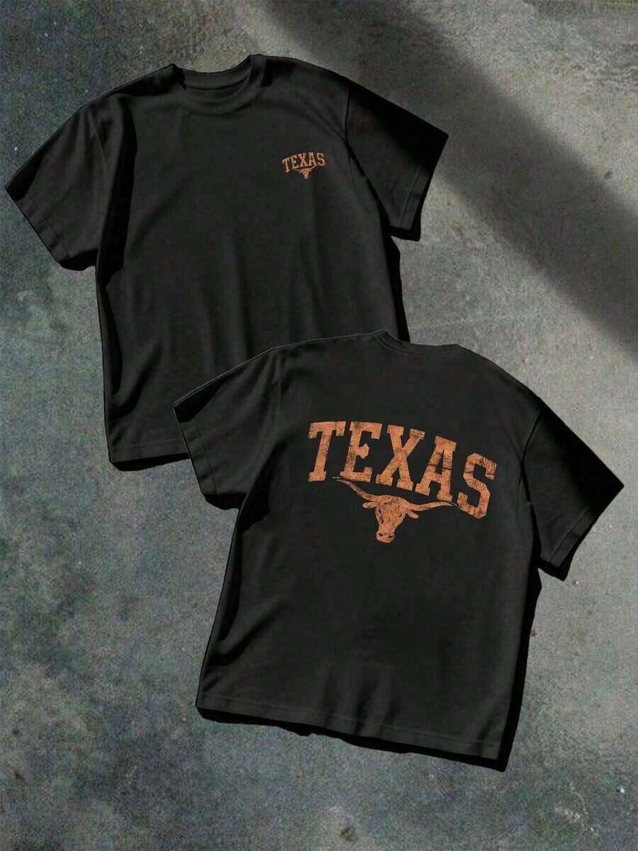 1 Texas Longhorn Graphic Print T-Shirt, Casual, Double Print, 100% Cotton, Festival Wear - Urban Vintage Style, Unisex, Loose Fit, Short Sleeve, Crew Neck, Blouses For Women. Blouses.Casual Blouses For Ladies. - 黑色 - 查看 1