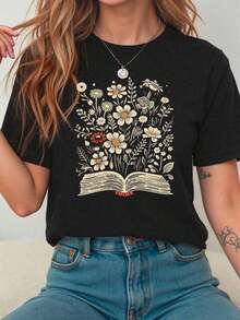 Howell All-Match Fashion Floral Print Short Sleeve T-Shirt Women's Casual Charming Flower Pattern Tee With Round Neck Graphic Tees Women Tops Black Summerblusas para mujer,blusas casuales para dama,tops,, mujer premium,y2k,playeras de mujer curvy,ofertas y liquidaciones ropa mujer,playeras deportivas para mujer,playeras de hombre,ropa de calor mujer,blusas para mujer elegante - Negro - Ver 1