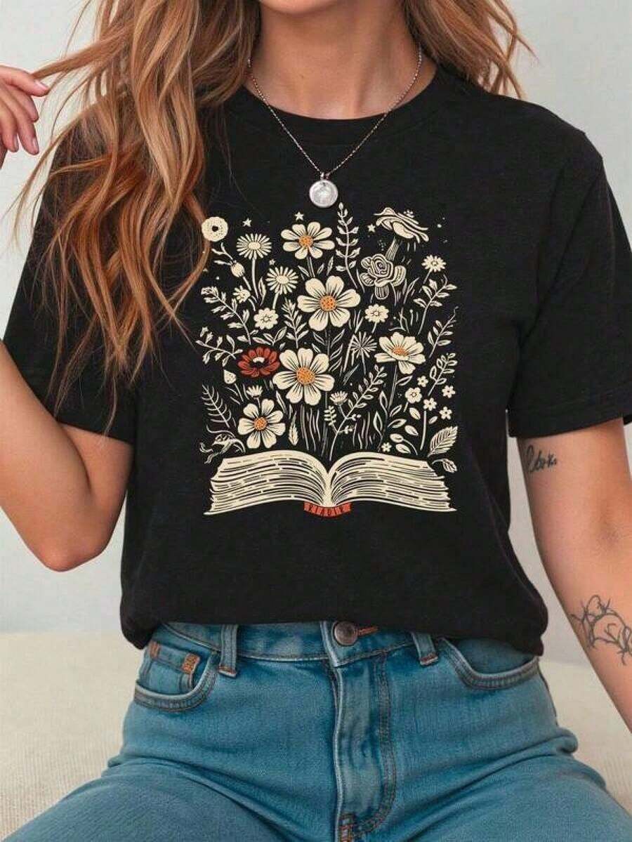 Howell All-Match Fashion Floral Print Short Sleeve T-Shirt Women's Casual Charming Flower Pattern Tee With Round Neck Graphic Tees Women Tops Black Summerblusas para mujer,blusas casuales para dama,tops,, mujer premium,y2k,playeras de mujer curvy,ofertas y liquidaciones ropa mujer,playeras deportivas para mujer,playeras de hombre,ropa de calor mujer,blusas para mujer elegante - Negro - Ver 1